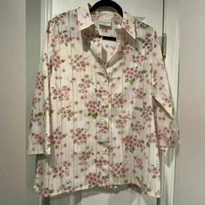 Alfred Dunner Floral Striped 3/4 Sleeve Collared Button Down Semi Sheer Size 14